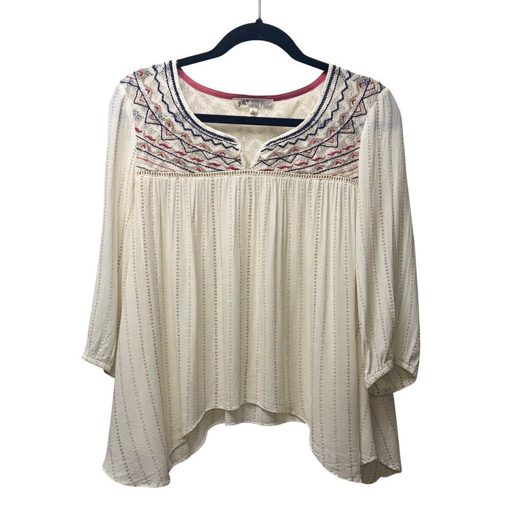 Jolt‎ Boho Cream Embroidered Peasant Blouse Size L 3/4 Sleeve Rayon Top